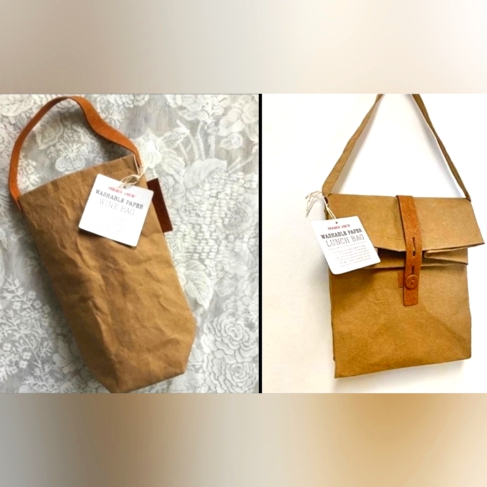 2 Trader Joe's Paper Washable Lunch Bag & Wine Tote Carrier Two New NWT Sold Out